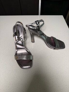 Karl Lagerfeld Metallic Silver Iridescent Strappy Block Heel Sandals